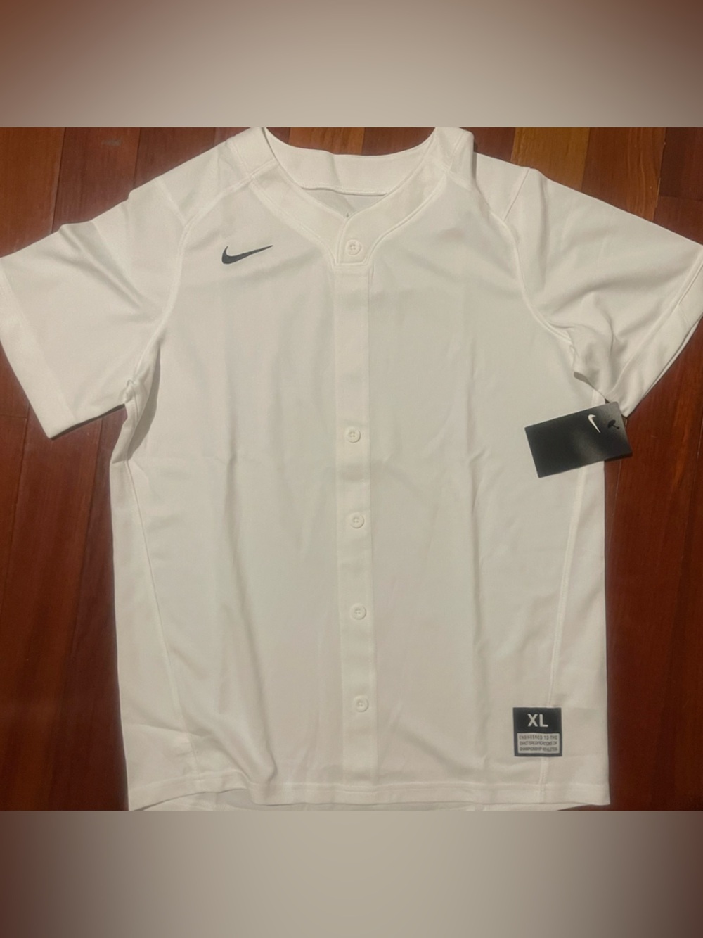 Nike White Short-Sleeve Button Baseball Jersey with Black Swoosh